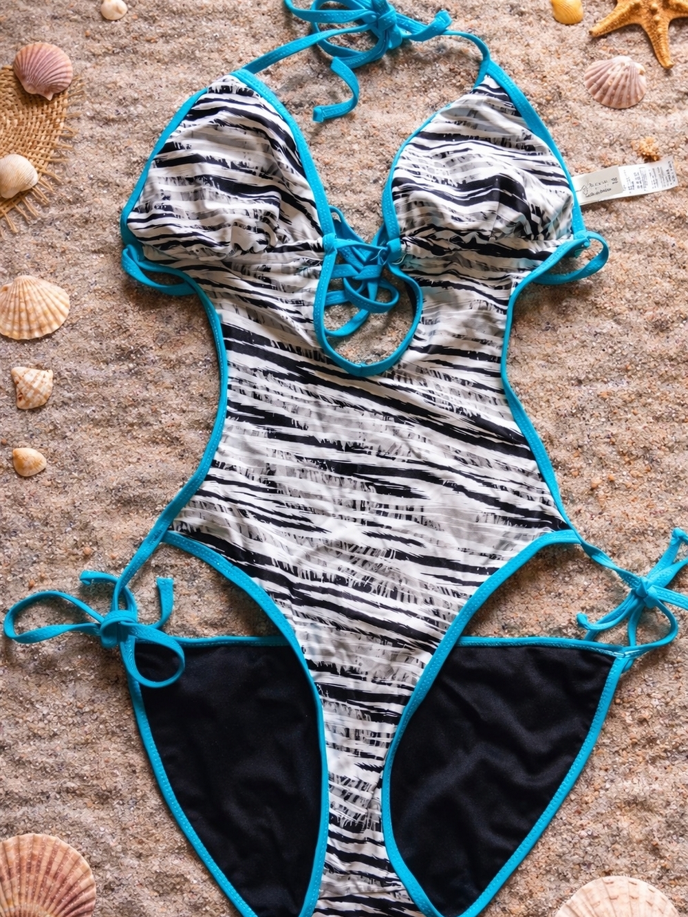 Twenty One Blue-Trim Black & White Stripe Chic Cut Out One-Piece Swim